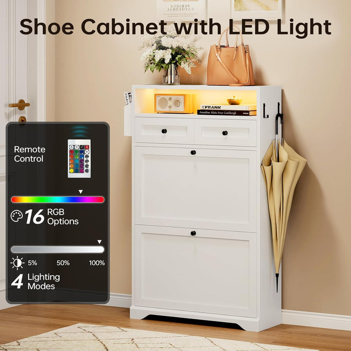 Dripex Schuhschrank schmal 2 Klappen, Schuhkipper mit LED, Verstellbare Trennwände, 2 Kommode Schuhr