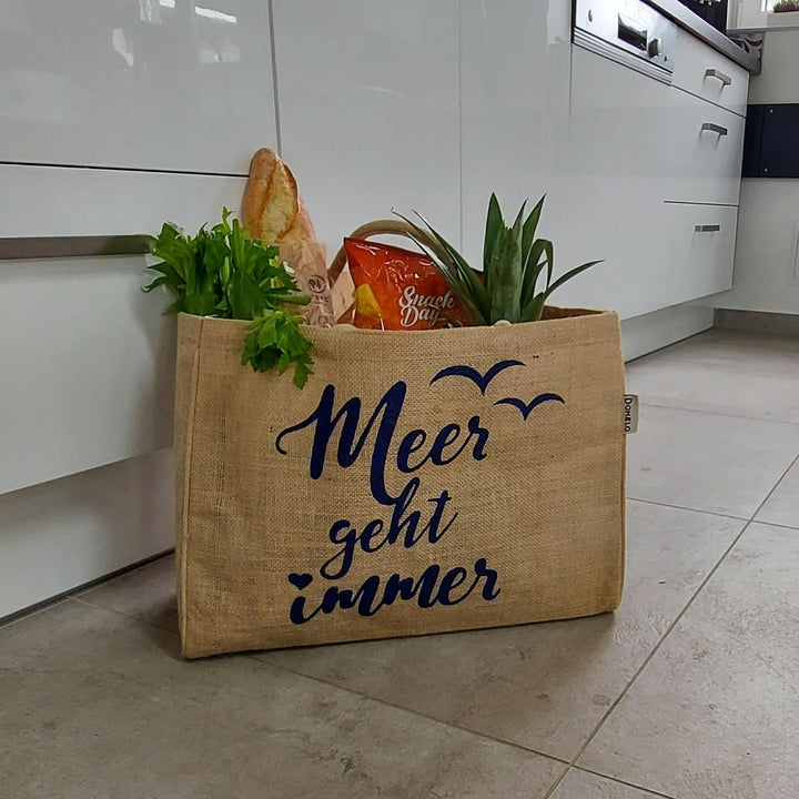 Domelo Jutetasche vegane Einkaufstasche gross Einkaufskörbe bedruckt beige | Leichte Tragetasche 24L