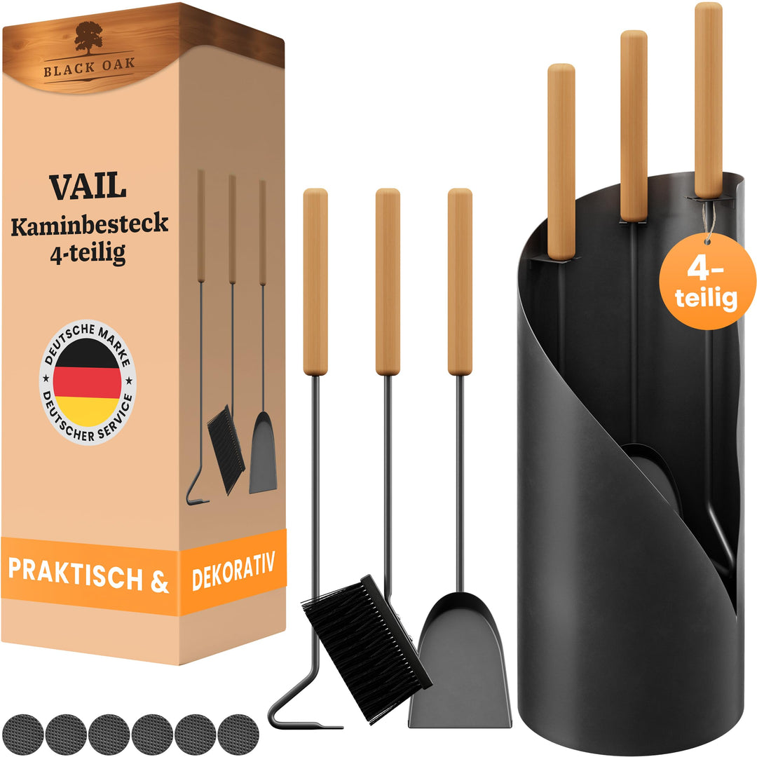 BLACK OAK Kaminbesteck VAIL 4-teilig - modernes Ofenbesteck Set schwarz mit Holzgriff 4 teilig mit S