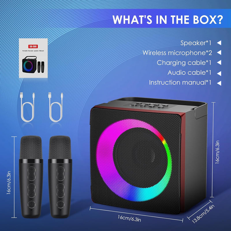 MusyVocay Karaoke-System, Mini-Bluetooth-Lautsprechersystem mit 2 Mini-Mikrofonen, tragbarer Sound-L