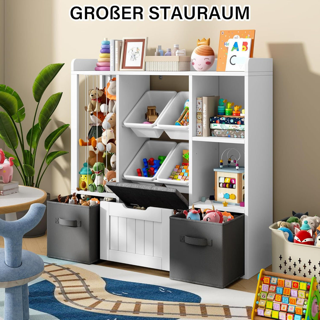 Jehiatek Kinderregal mit Stauraum-Sitzbank, Holz Spielzeugregal mit Kuscheltierfach, 2 Regalböden, 2