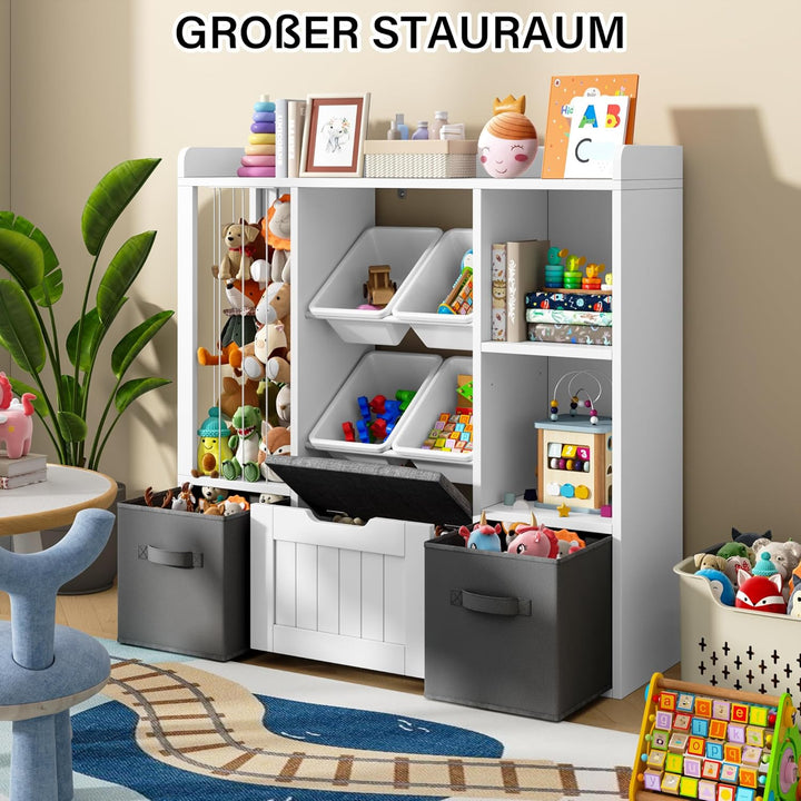 Jehiatek Kinderregal mit Stauraum-Sitzbank, Holz Spielzeugregal mit Kuscheltierfach, 2 Regalböden, 2