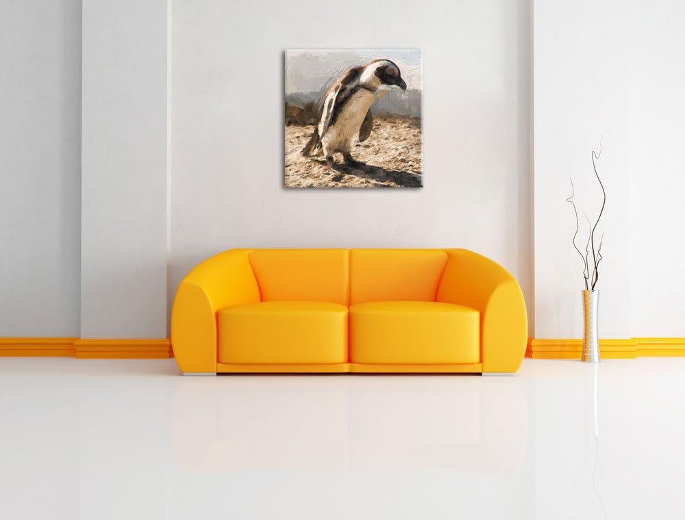 Pixxprint Afrikanischer Pinguin beobachtet Pinsel Effekt, Format: 70x70 auf Leinwand, 70x70