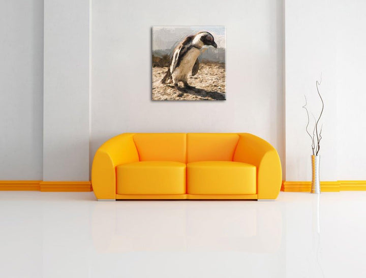 Pixxprint Afrikanischer Pinguin beobachtet Pinsel Effekt, Format: 70x70 auf Leinwand, 70x70