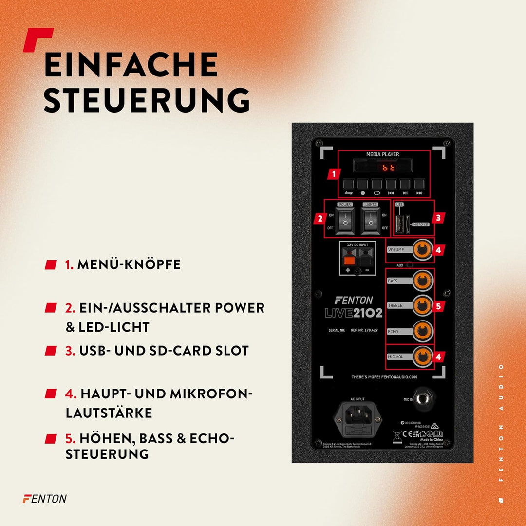Fenton LIVE2102 - Partybox Bluetooth, Karaoke Maschine, Musikbox Bluetooth Gross, Karaoke Anlage mit