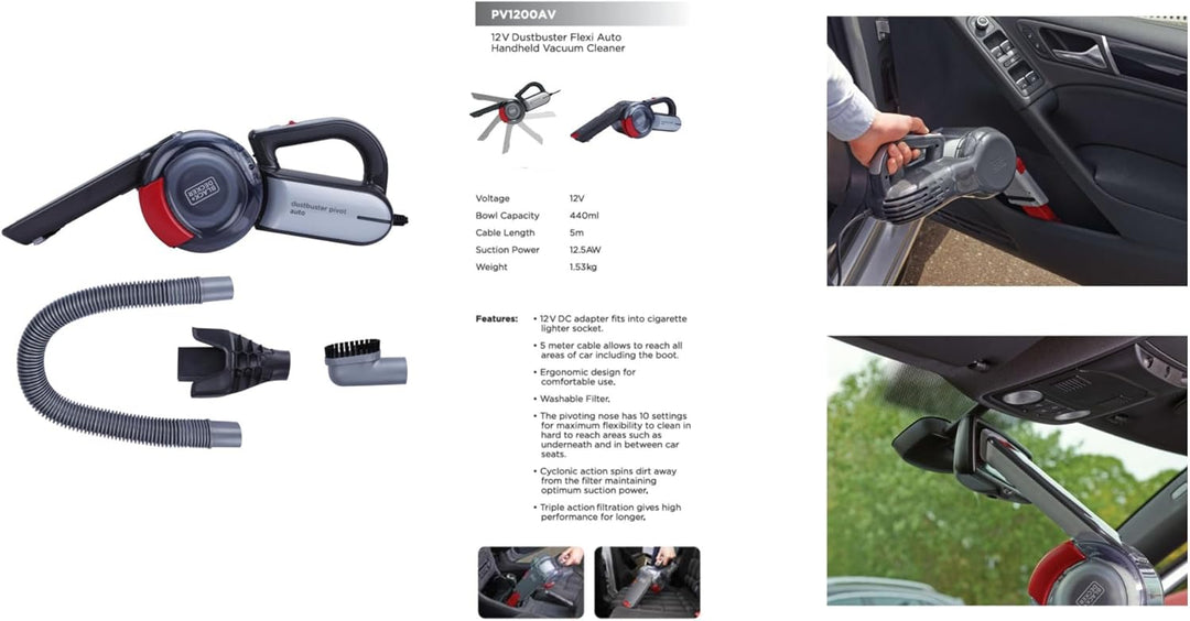Black &amp; Decker PV1200AV-XJ Autosauger Dustbuster Pivot, Bürstenaufsatz, Fugendüse, flexiblem Saugsch