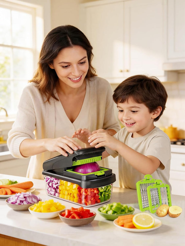 14-in-1 Gemüseschneider, Gemüsehobel mit 7 Einsätzen & Aufbewahrungsbox, Multifunktionaler Vegetable