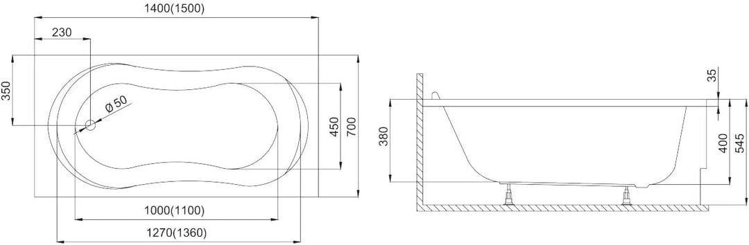KOLMAN Badewanne GRACJA Rechteck 140x70 mit Styroporverkleidung, Ablaufgarnitur und Füssen Kompletts