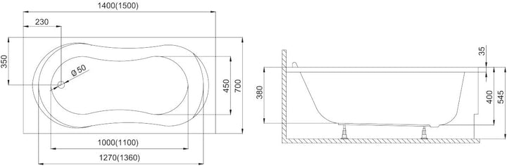 KOLMAN Badewanne GRACJA Rechteck 140x70 mit Styroporverkleidung, Ablaufgarnitur und Füssen Kompletts