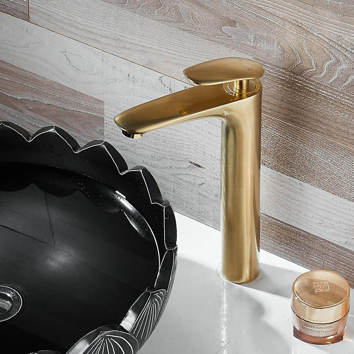 Wasserhahn Bad Gold gebürstet, Badarmatur Einhand-Waschtischbatterie mit Hoch Auslauf, Messing Gold