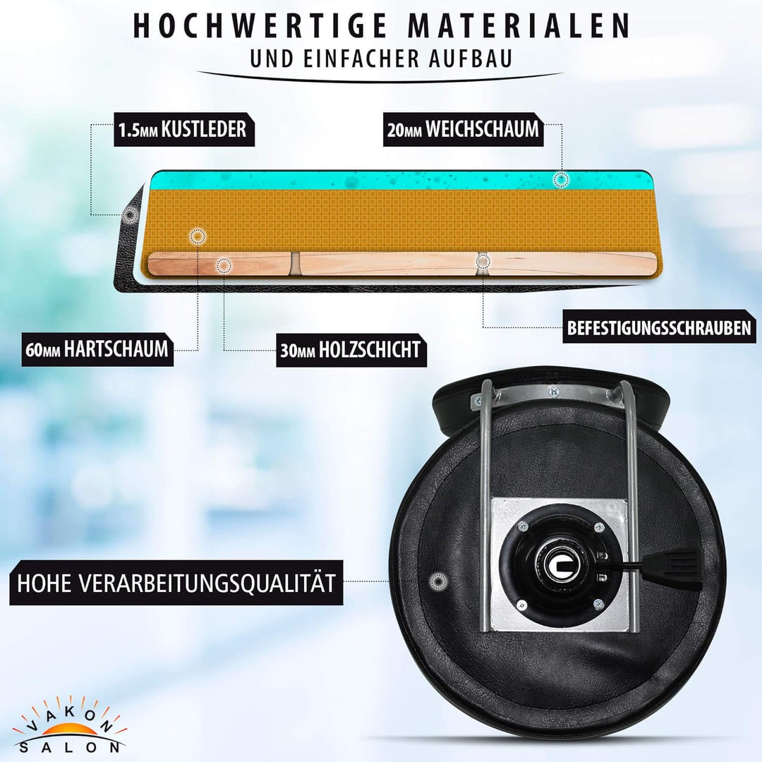 Premium Rollhocker mit ovaler Lehne höhenverstellbar von 55 bis 75 cm - Rundsitz- Drehhocker Arbeits