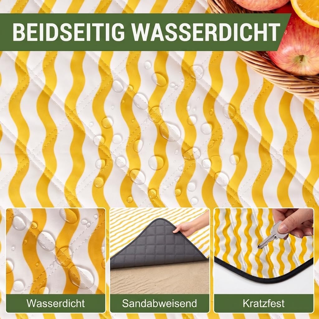 WolfWise Picknickdecke Wasserdicht, 200x200 cm grosse Stranddecke, Faltbare Picknick Decke mit Verst