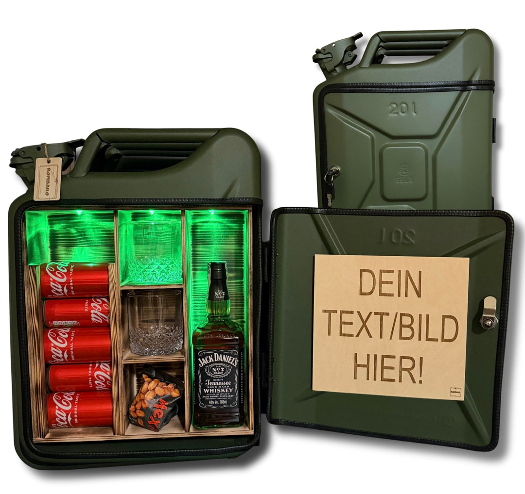 20L Kanister Mini Bar Premium I Maximal personalisierbar mit Gravur & LED Beleuchtung I 2 Whiskygläs