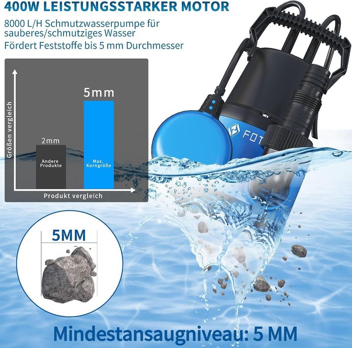 FOTING Tauchpumpe 400 W, 8000 l/h, Förderhöhe max. 8 m, Eintauchtiefe max. 7 m, einstellbarer Schwim