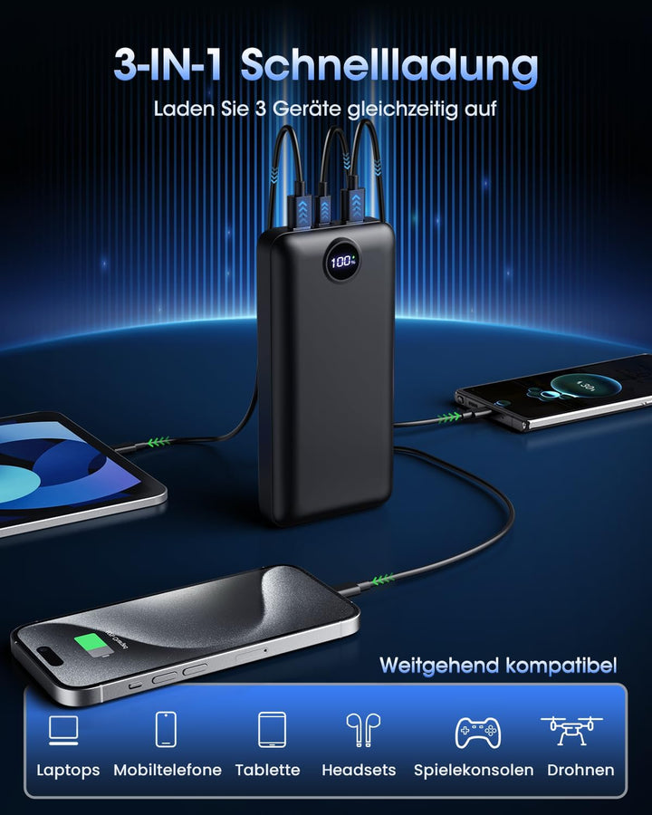 PowerBank 50000mAh grosse kapazität, 22,5W schnelles Aufladen externer Akku USB-C 3 Ausgänge und 2 E