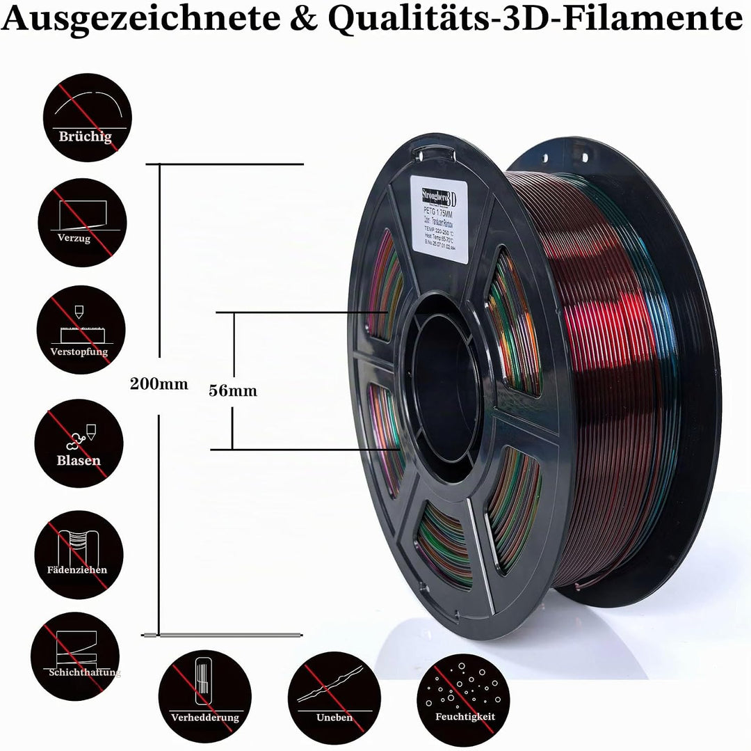 Stronghero3D PETG 3D Drucker Filament 1.75mm Mehrfarbig Translucent Regenbogen 1kg Genauigkeit +/- 0