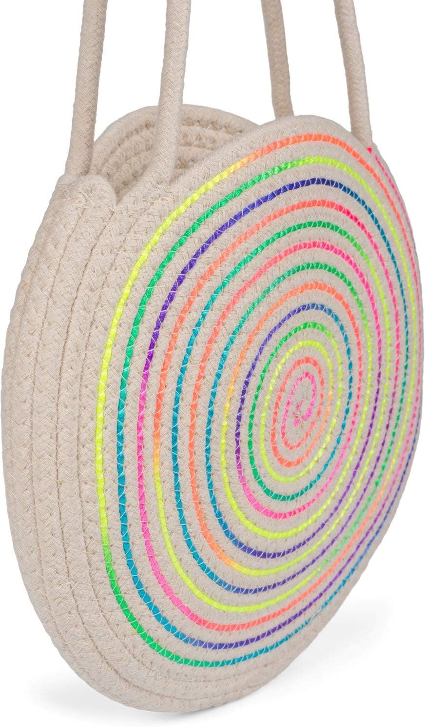 styleBREAKER Damen Runde Bali Bag Umhängetasche mit buntem Neonfaden und geflochtenem Taschengurt, H