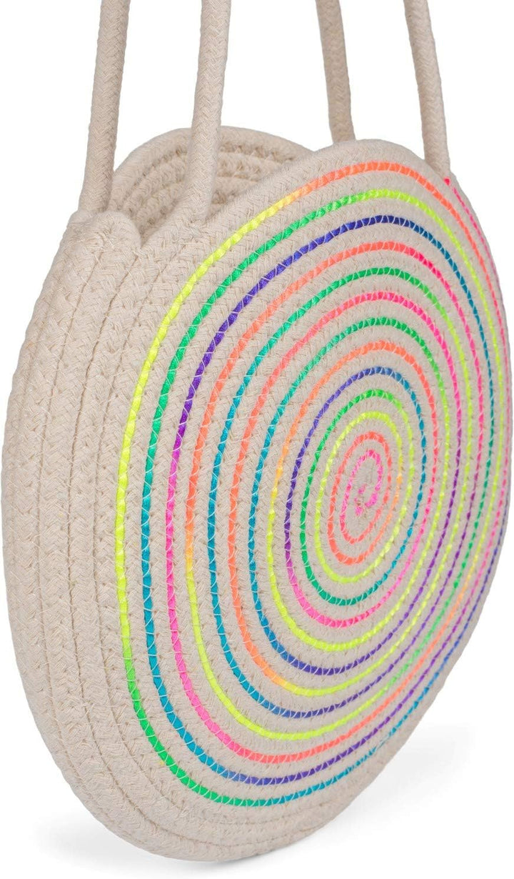 styleBREAKER Damen Runde Bali Bag Umhängetasche mit buntem Neonfaden und geflochtenem Taschengurt, H
