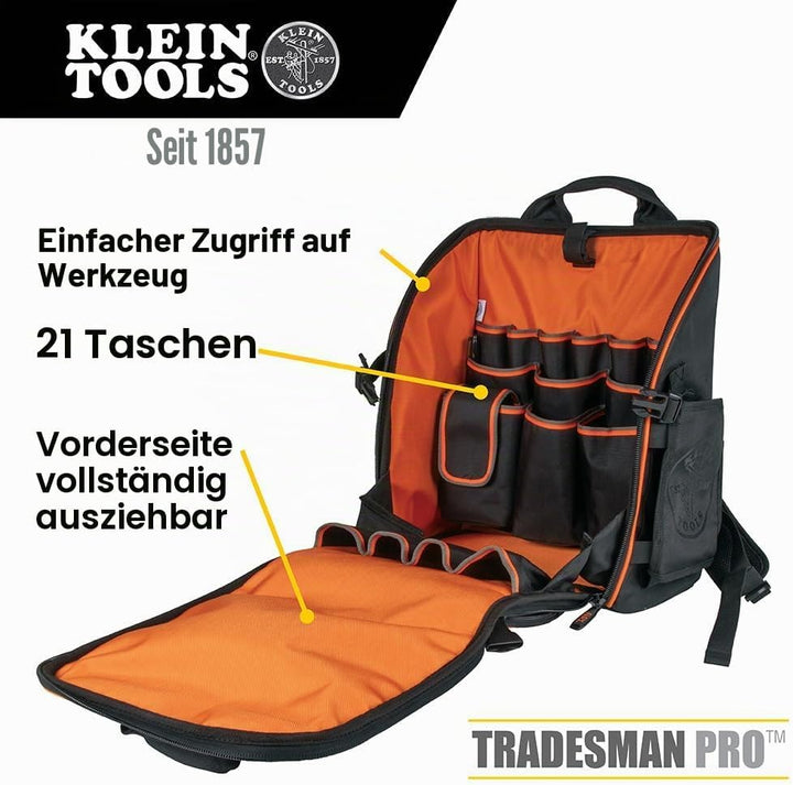 Klein Tools 55482 Werkzeugtasche Rucksack, robuster Tradesman Pro Werkzeug-Organizer mit 21 Taschen