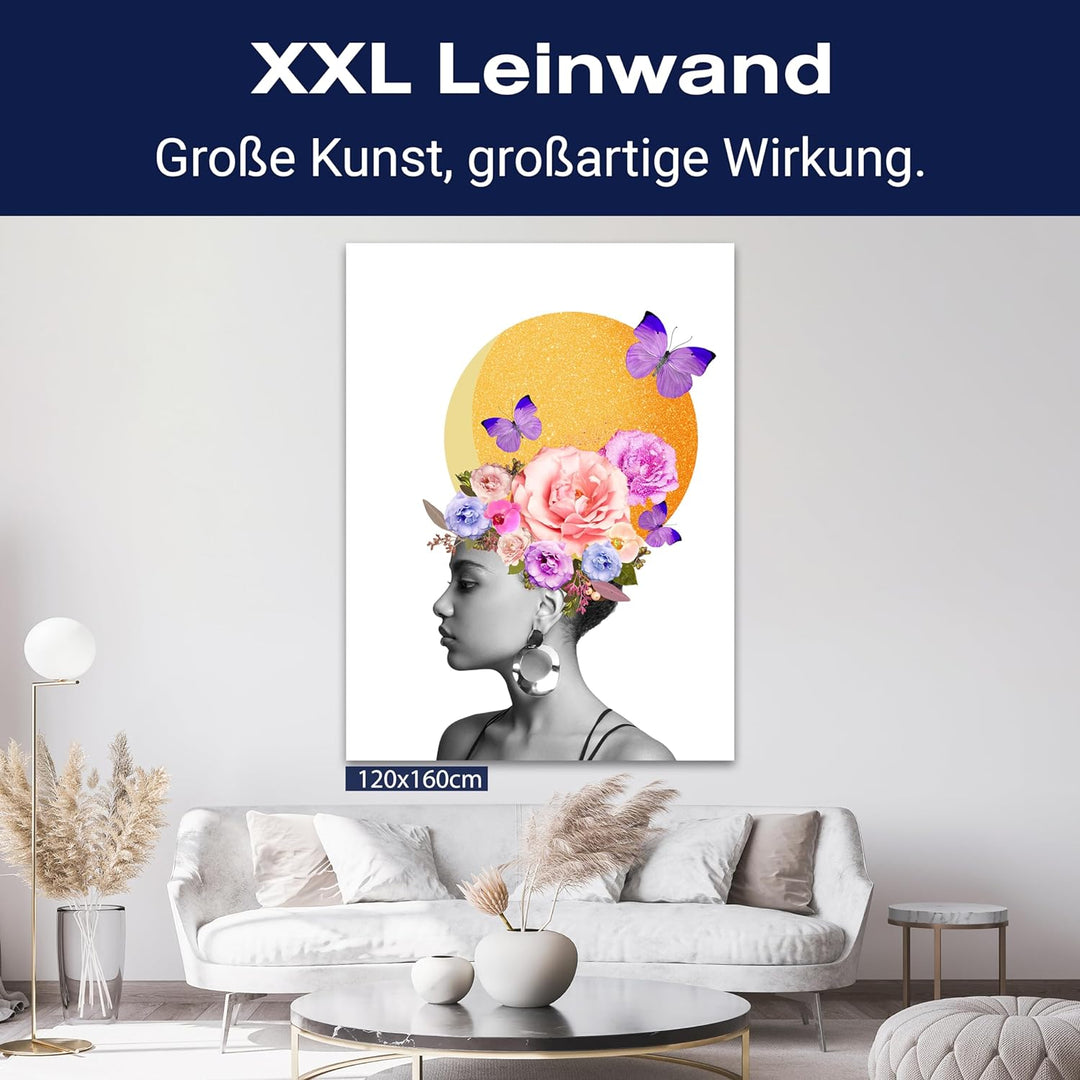 wandmotiv24 Leinwandbild Digital Art, 100x75cm, Hochformat, Frau, Blumen, Schmetterling, Deko, Bilde
