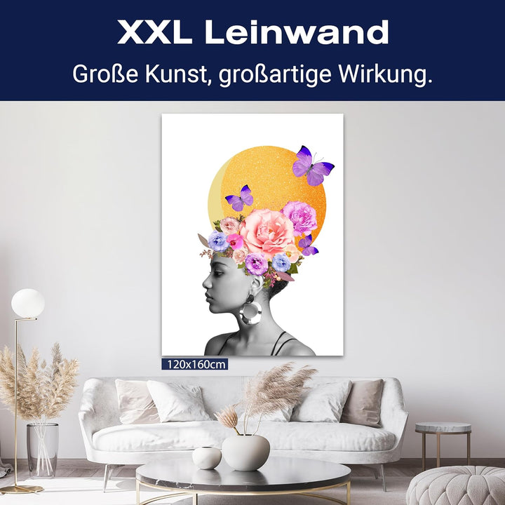 wandmotiv24 Leinwandbild Digital Art, 100x75cm, Hochformat, Frau, Blumen, Schmetterling, Deko, Bilde