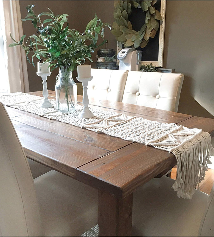 DÉCOCO Makramee Tischläufer handgewebte Boho Hochzeit Tischdekoration Bettwäsche Decke, 35 cm x 180