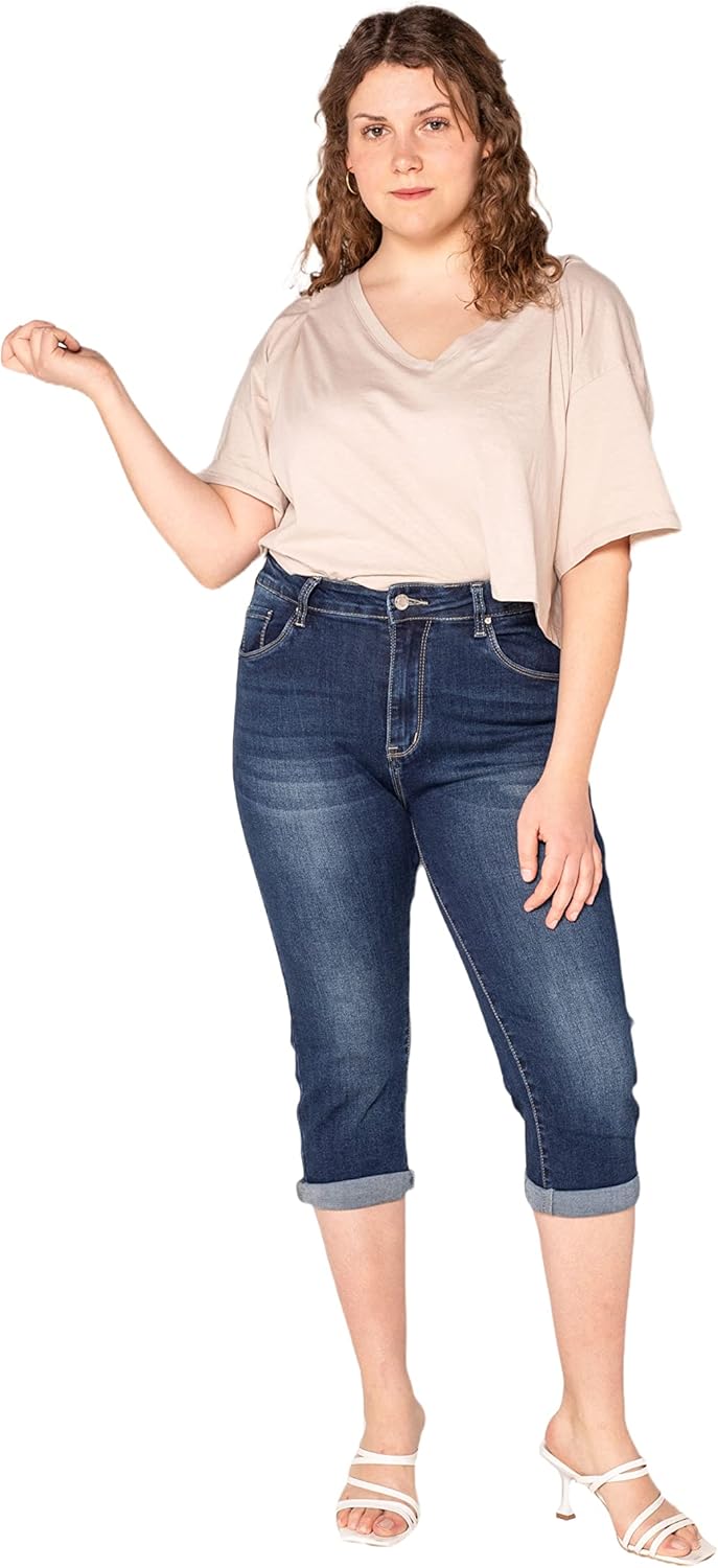 Nina Carter P200 Damen Capri Jeanshosen Grosse Grössen HIGH Waist Jeans Sommer Hose Used-Look 44 Gro