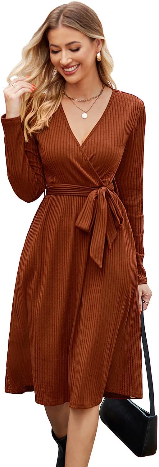 Newshows Strickkleid Damen Herbstkleid V Ausschnitt Pulloverkleid Winterkleid Kleid mit Taschen für