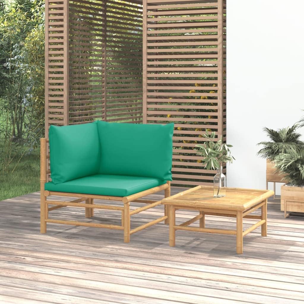vidaXL 2-TLG. Garten-Lounge-Set mit Grünen Kissen Bambus Eckteil + Tisch Grün, Eckteil + Tisch Grün