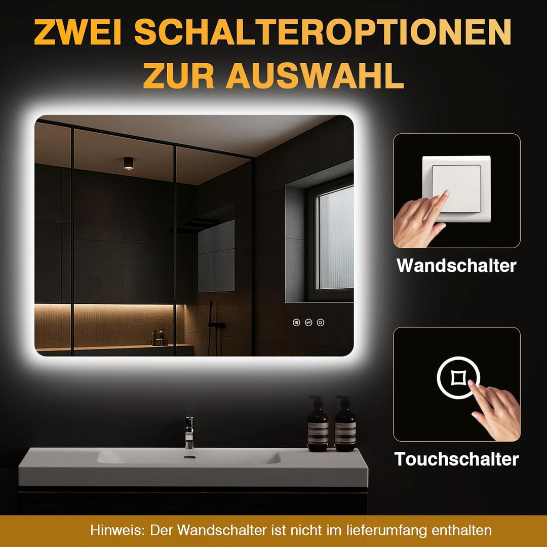 Badspiegel mit Beleuchtung 80x60cm, LED Spiegel Bad mit Antibeschlag, 3 Lichtfarben, Dimmbar, Rechte