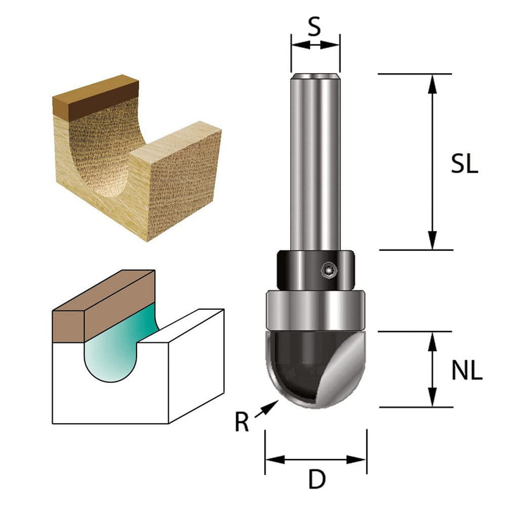 ENT 12508 Hohlkehlfräser HW, Schaft (S) 8 mm, Radius (R) 8 mm, D 16 mm, NL 14 mm, SL 32 mm, mit Kuge