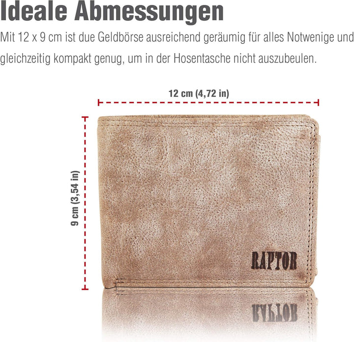 Raptor Herren-Geldbörse aus Leder im Used Look Querformat 12x9cm RA40005 Grau, Grau