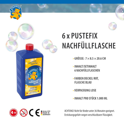 Pustefix Nachfüllflasche Maxi I 6 x 1000 ml Seifenblasenflüssigkeit I Bubbles Made in Germany I Seif