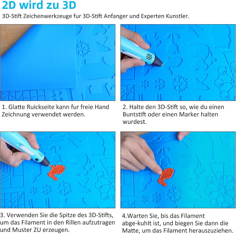 Dikale 3D Drucker Stift Zeichenwerkzeuge Silikonmatte Blau Gross mit 1.75mm PLA Filament Set 30 Farb