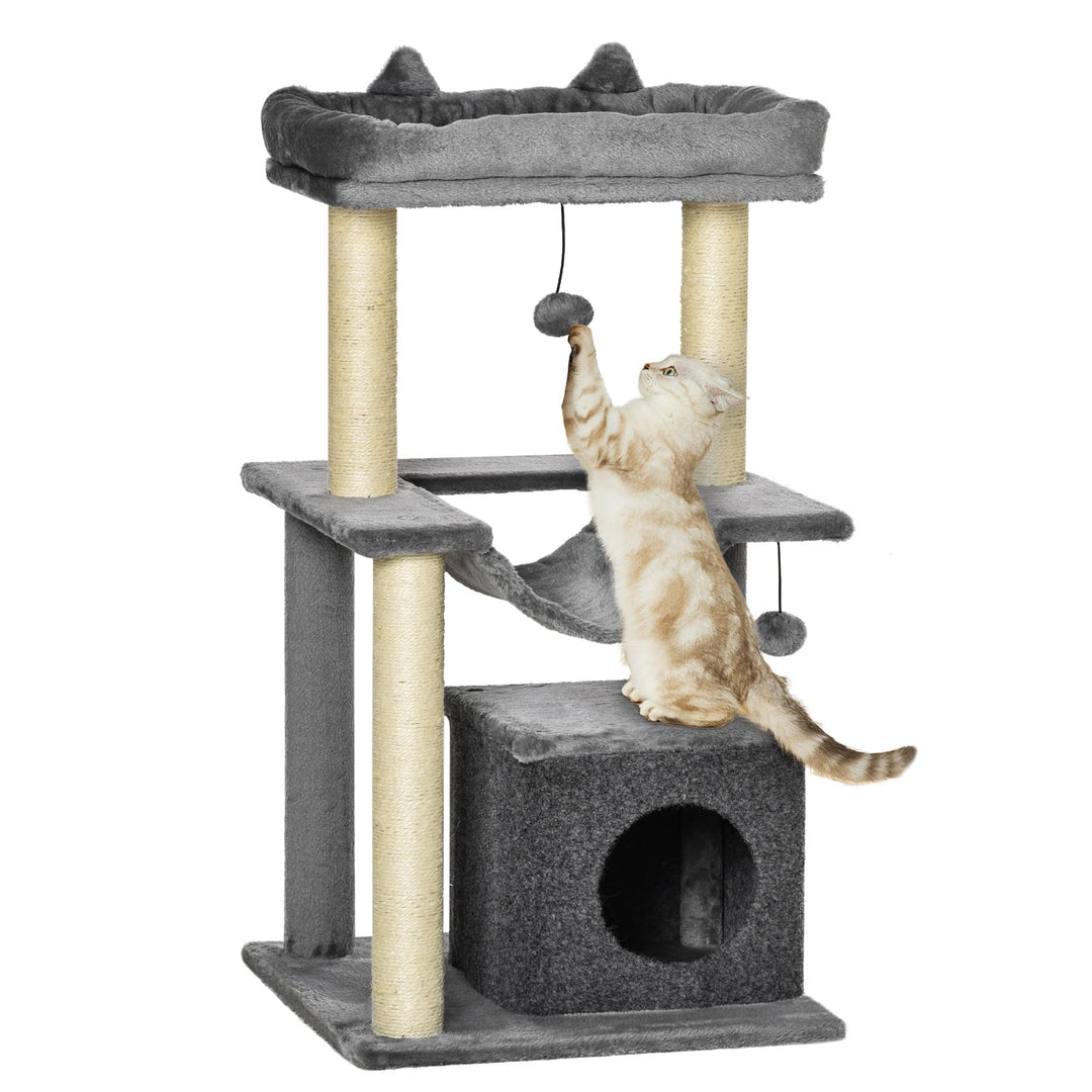 PawHut Kratzbaum 90 cm mit Hängematte für Katzen unter 4 kg Grau | Katzenturm, Höhle, 2 Plüschballen