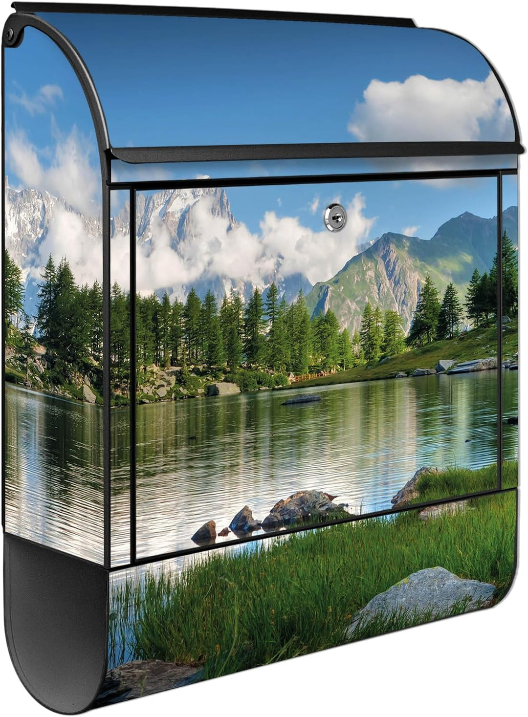 banjado® Design Briefkasten mit Motiv Gebirgssee 39x47x14cm &amp; 2 Schlüssel - Briefkasten Stahl schwar