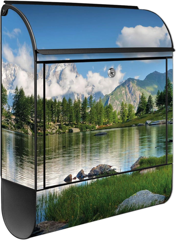 banjado® Design Briefkasten mit Motiv Gebirgssee 39x47x14cm &amp; 2 Schlüssel - Briefkasten Stahl schwar
