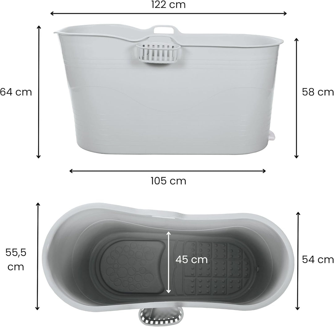 HelloBath® Mobile Badewanne XL 121x56x64 cm für Erwachsene | Tragbare Sitzbadewanne mit verlängerbar