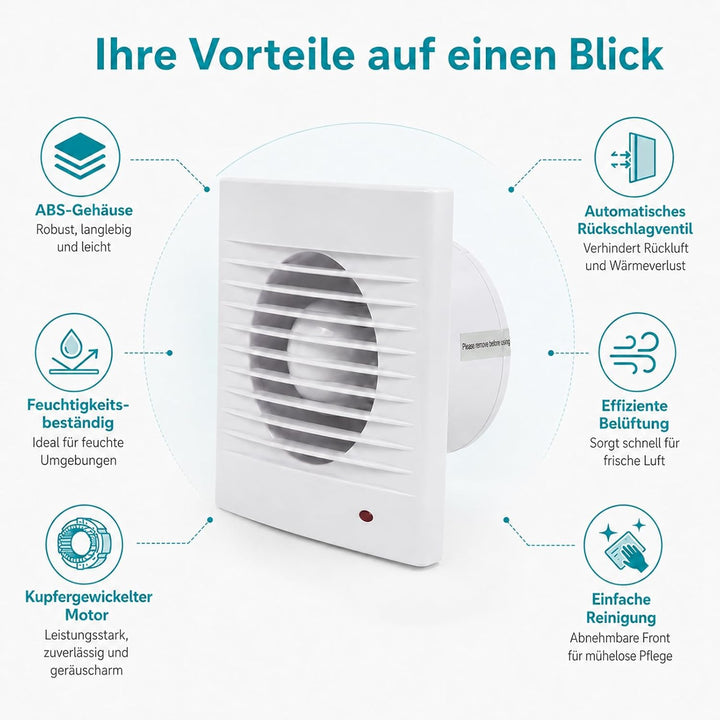 Badlüfter 100mm, 142m³/h Abluftventilator Küche, Badlüfter mit Rückstauklappe, 1.5m EU-Netzkabel für