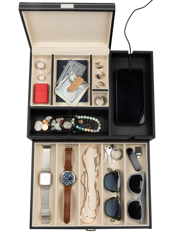 HOUNDSBAY Admiral Kommode Valet Box & Herren Schmuck Box Veranstalter mit Ladestation Smartphone (El
