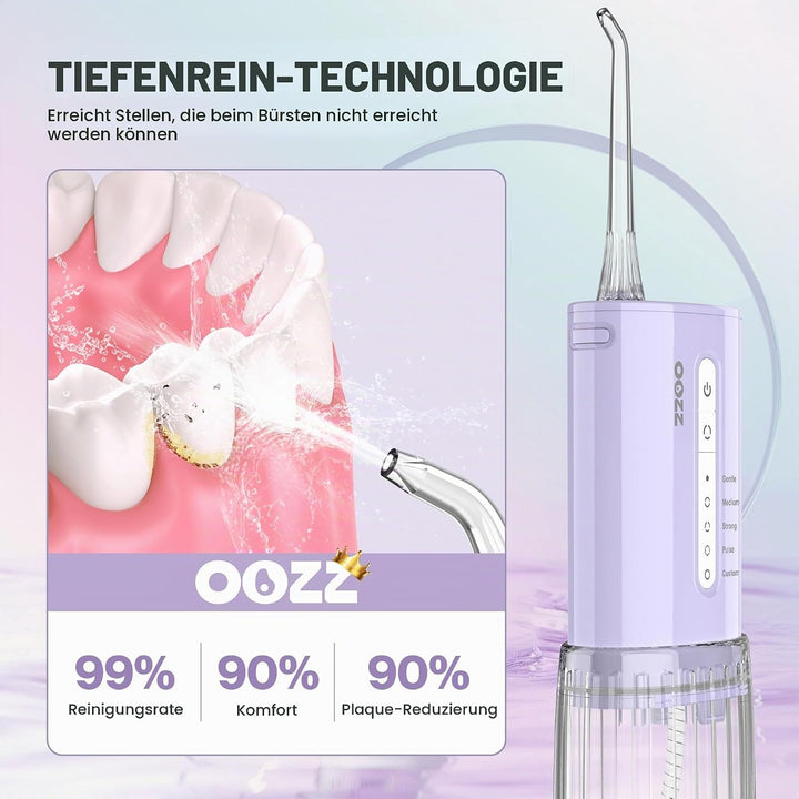 OOZZ Travel Water Flosser, Schnurlose Taschenmunddusche, 5 Druckmodi, 6 Strahlspitzen, USB-wiederauf