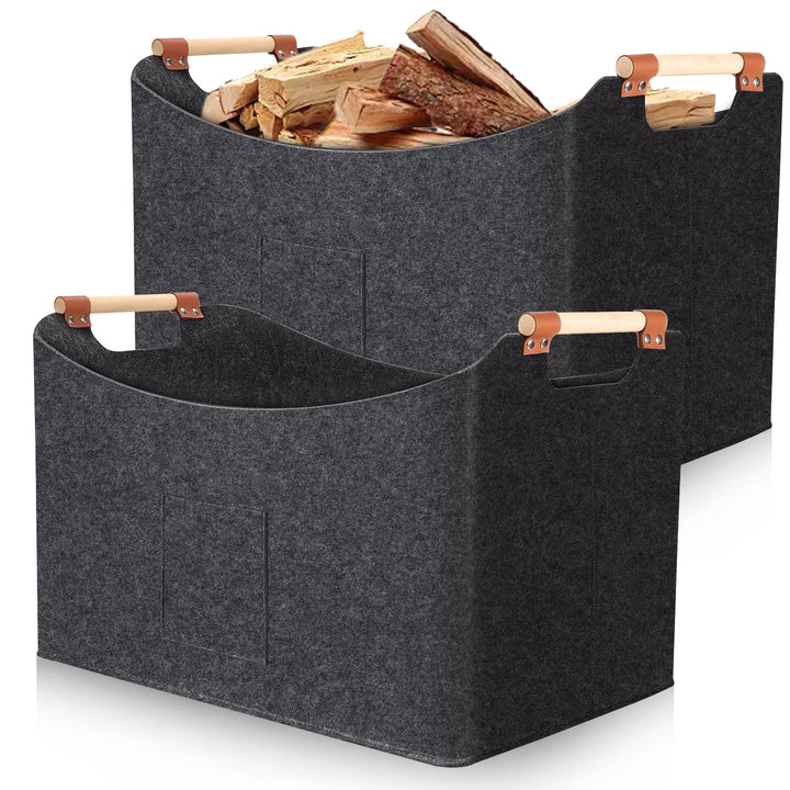 Feuerholzkorb 2er Set 67L &amp; 96L, Filz Kaminholztasche mit Holzgriffen, 5mm dicker Brennholzkorb Falt