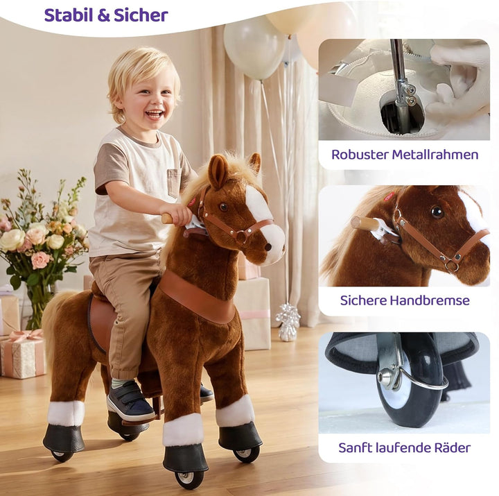 PonyCycle Pferd zum reiten, für Kinder 3–4 Jahre, 76cm Hoch, Reitpferd auf Rollen mit Handbremse und