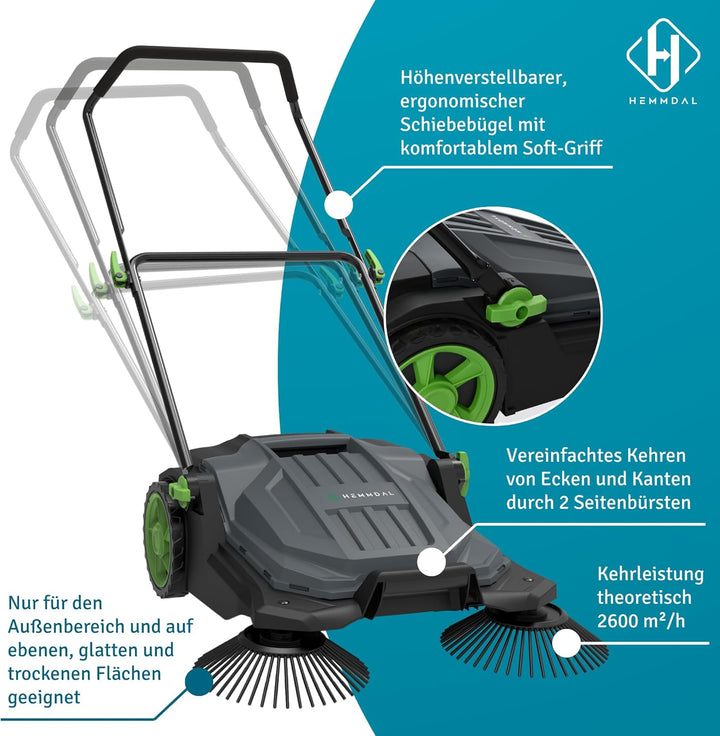 HEMMDAL Kehrmaschine HKM65 manuell | 65 cm Kehrbreite | 2.600 m²/h Kehrleistung | 20 l Behälter | Gr