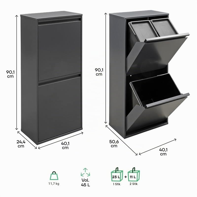 ARREGUI Basic CR404-B Mülltrennsystem aus Stahl | 3 Fächer Mülleimer für die Küche | 3 Fach Abfallei