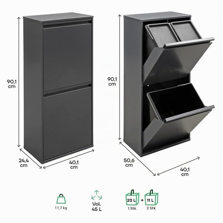 ARREGUI Basic CR404-B Mülltrennsystem aus Stahl | 3 Fächer Mülleimer für die Küche | 3 Fach Abfallei