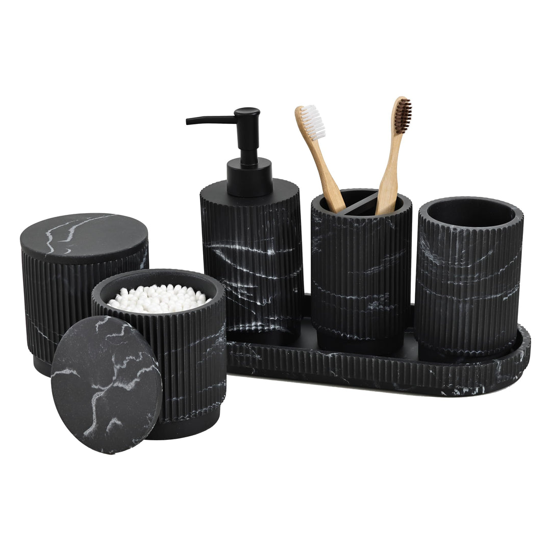Badezimmer Set 6-TLG | Seifenspender + Zahnputzbecher mit Tablett & Wattestäbchenbox | Design Streif