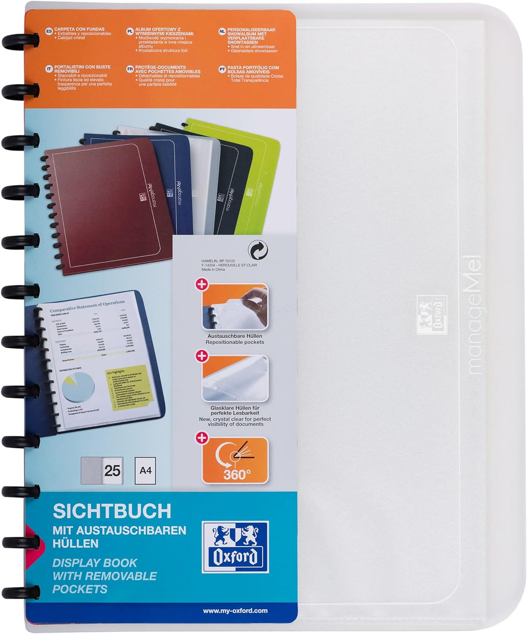 Oxford Ring-Mappe A4, manageMe, Sichtbuch mit 25 Hüllen, farblos, 5er Pack farblos 5er Pack Single,