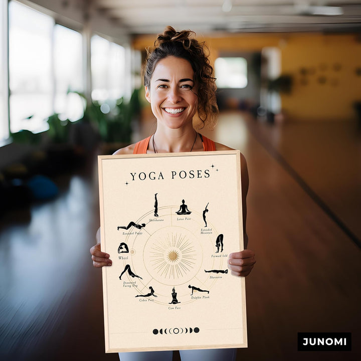 JUNOMI® Yoga Poster DIN A2 | Yoga Zubehör für Studio & Zuhause, Boho Wanddeko, Meditation | mit Rahm