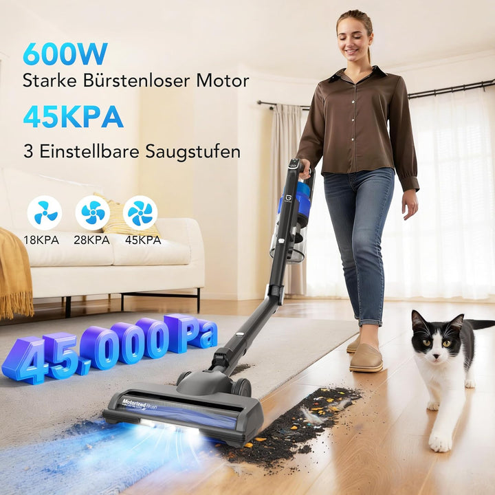 Greenote GSC80 Akku Staubsauger Kabellos 45KPa/600W, mit Ladestation, 60 Min Laufzeit, Klappbarer &